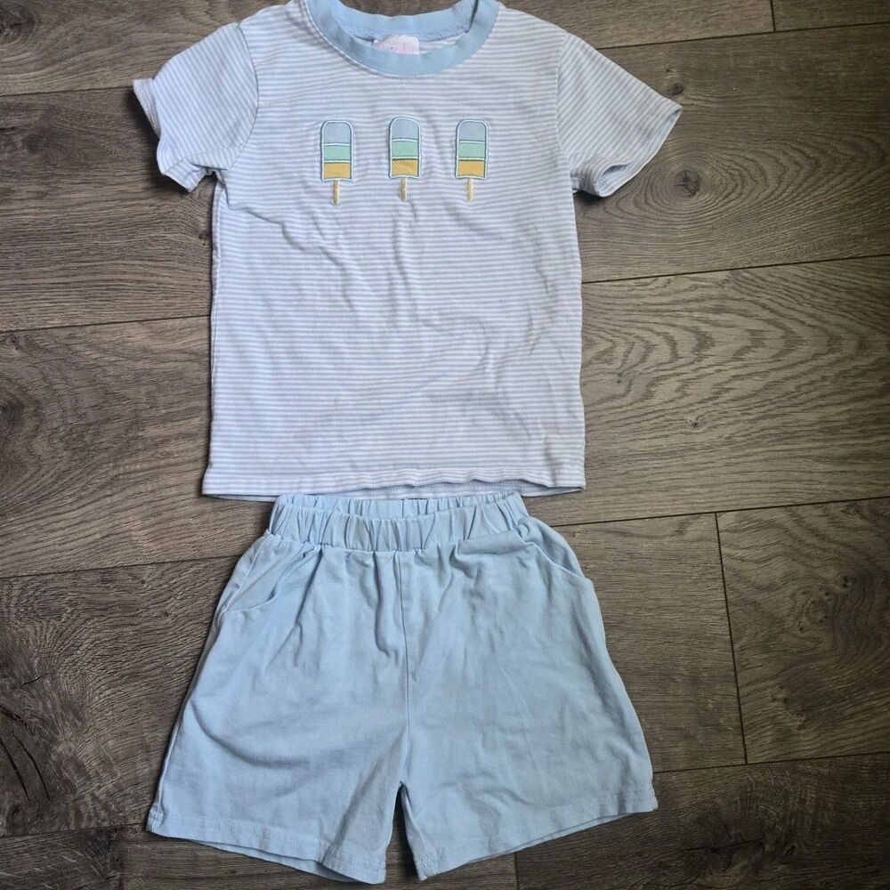 Stitchy Fish 3T Blue White Stripe Popsicle Applique Knit Cotton Shorts Set